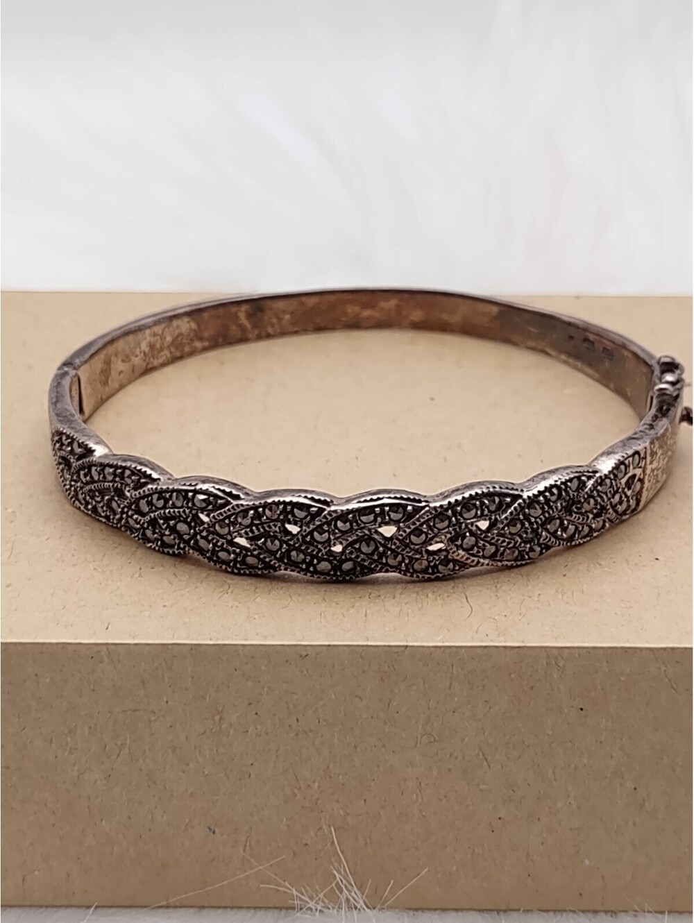 Vintage Sterling Silver Marcasite Woven Hinged Bangle 20g